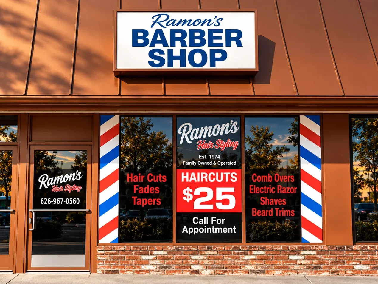 Ramon’s Barber Shop storefront in Covina Plaza, with window signs for haircuts, fades, tapers, shaves and beard trims