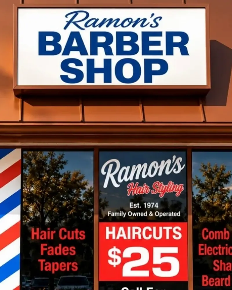 Ramon&rsquo;s Barber Shop storefront sign in Covina Plaza, with window lettering that reads Est. 1974