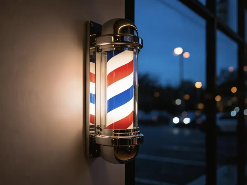 A lit red, white and blue barber pole at dusk